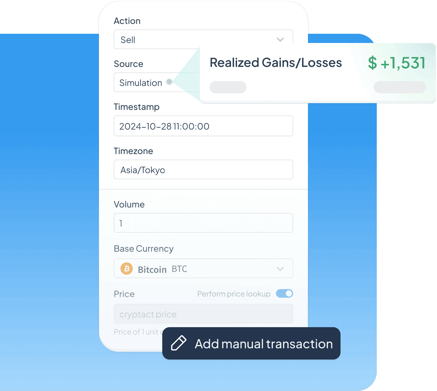Manual entry form for a simulated crypto sell trade showing a projected gain of $1,531.