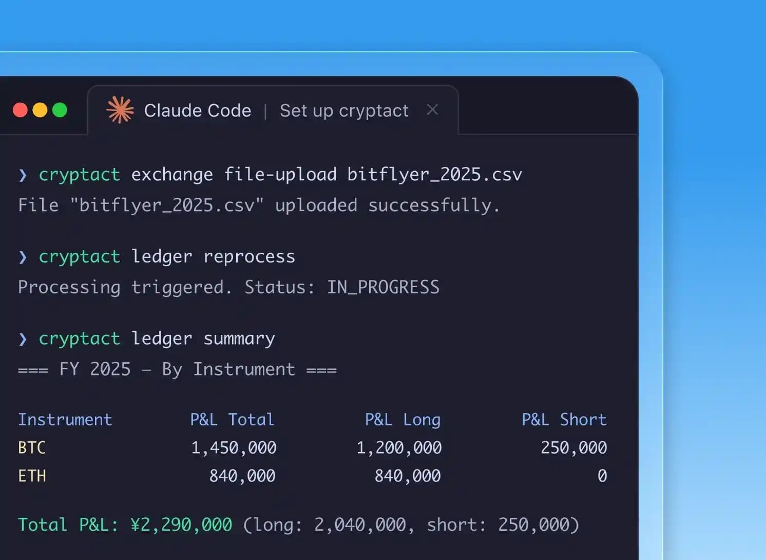 クリプタクトCLIコマンドを実行するClaude Codeターミナル
