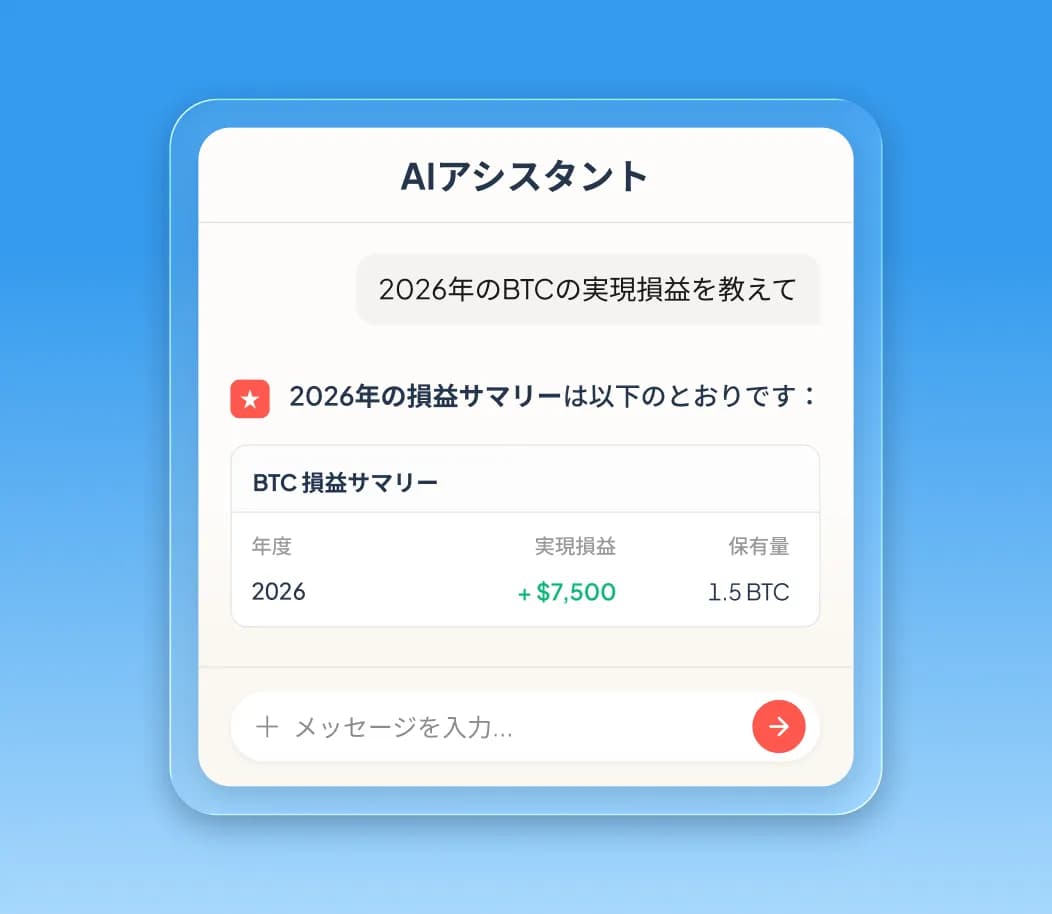 クリプタクトのBTC損益サマリーを表示するAIアシスタントチャット。