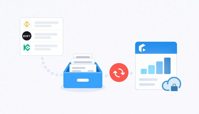 Transaction history flowing automatically from exchanges into cryptact's secure storage.