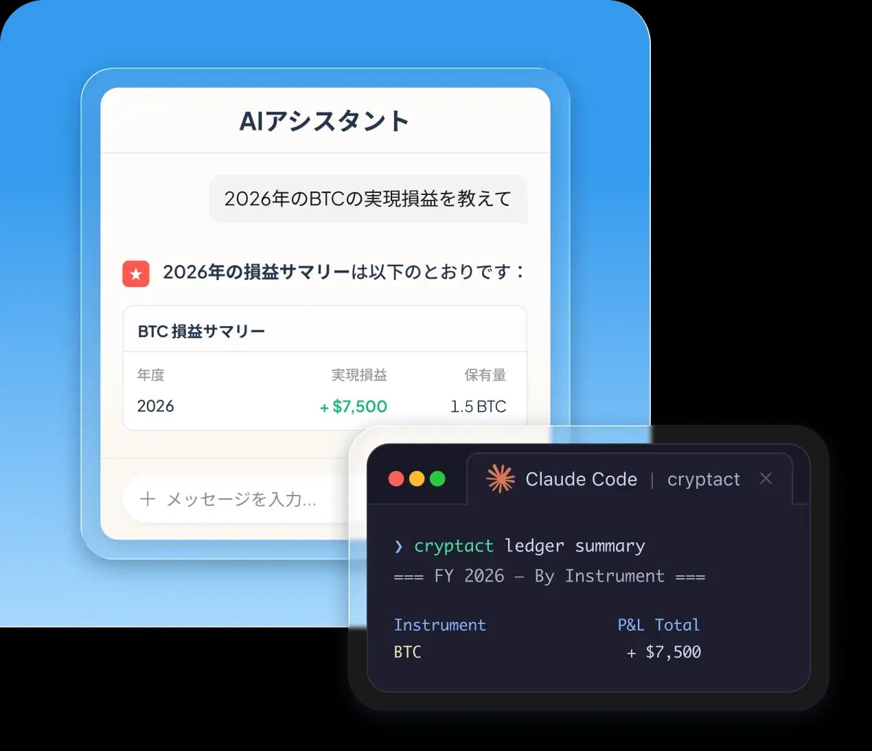 クリプタクトの損益サマリーを表示するAIアシスタントチャットとClaude Codeターミナル。