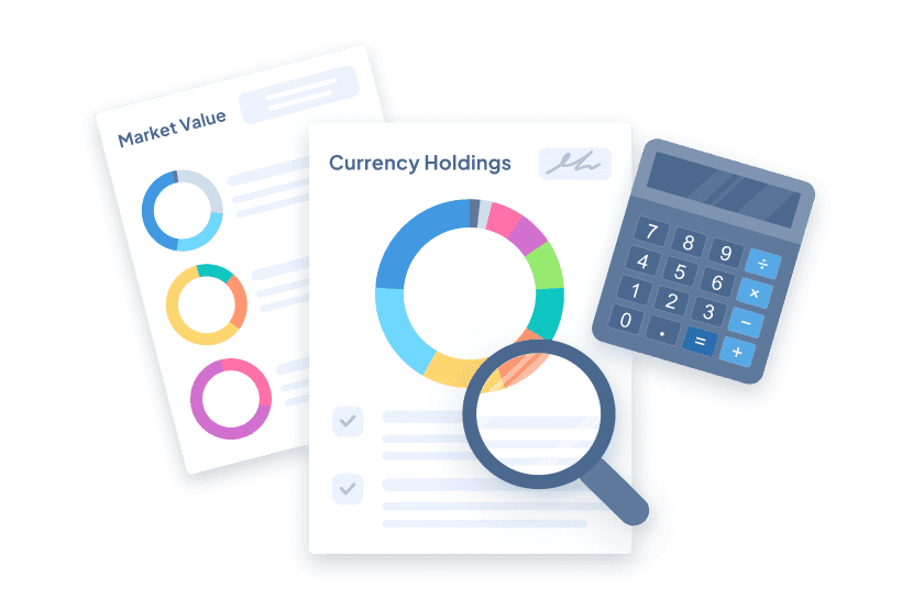 税務分析を表す円グラフのレポート、虫眼鏡、電卓。