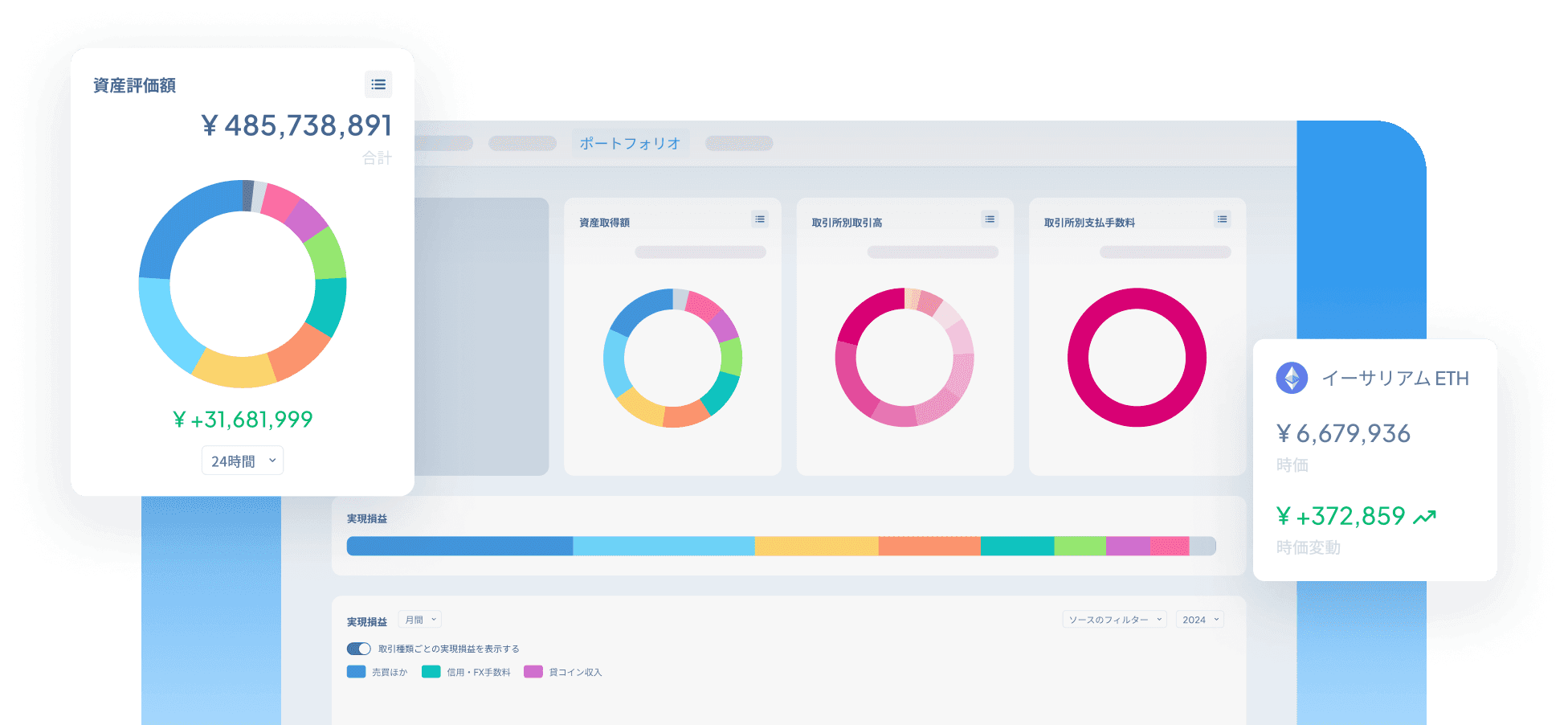 市場価値と資産分布をリアルタイムで示すクリプタクトポートフォリオ画面。