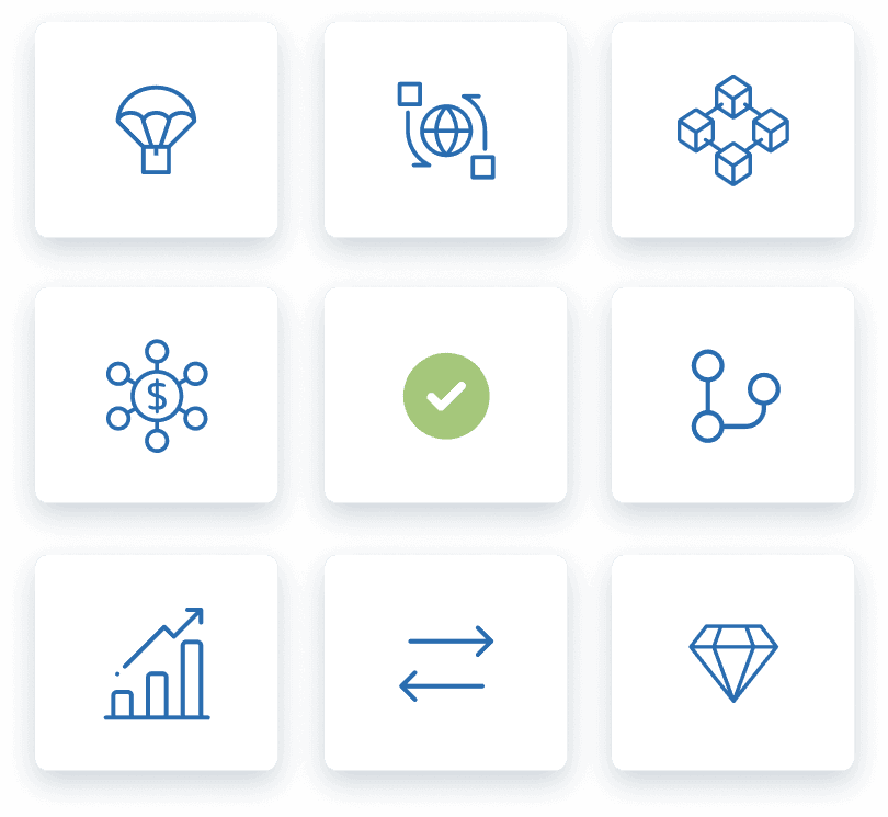 エアドロップ、FX、ハードフォーク、マイニング、ステーキング、手数料など多様な暗号資産取引を示すアイコンのグリッド。